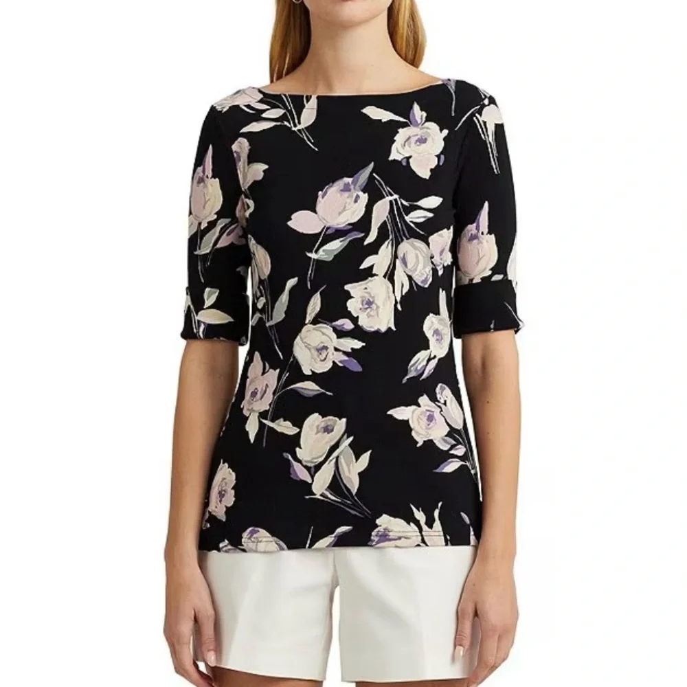 🆕 LRL Floral Stretch Cotton Slim Fit Boat
Neck Tee Shirt - Medium - Picture 1 of 6